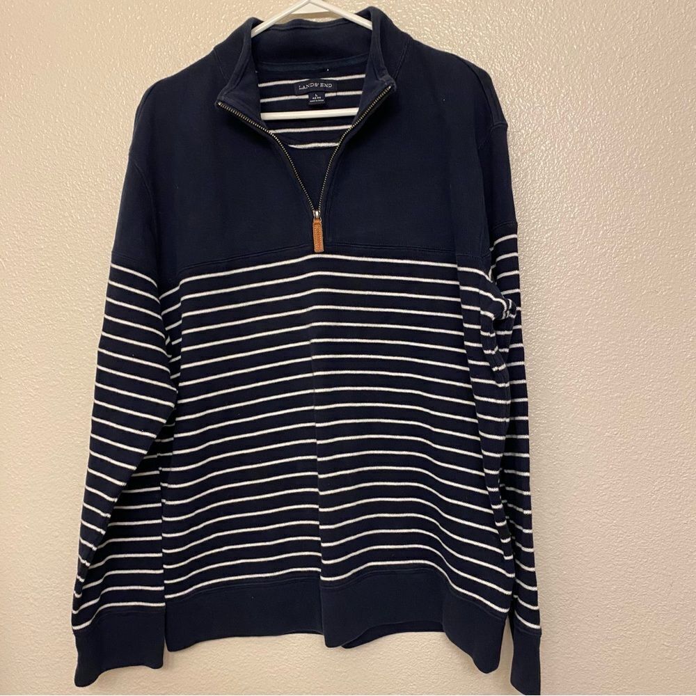 Lands' End Men's navy blue striped Rib Quarter Zip cotton Sweater preppy L